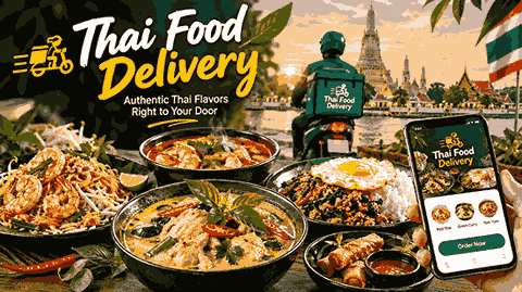 Thai food delivery with Pad Thai, green curry, Thai soup, rice, and spring rolls