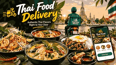 Thai food delivery with Pad Thai, green curry, Thai soup, rice, and spring rolls