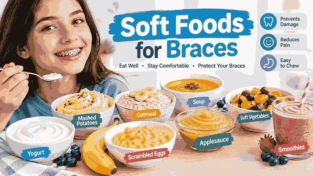 Soft foods for braces including yogurt, mashed potatoes, oatmeal, soup, scrambled eggs, applesauce, soft vegetables, and smoothies.